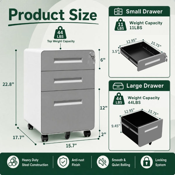 English Elm 3 Drawer Rolling Steel File Cabinet Locking Mobile Office Storage on Silent Casters White+Gray T2398P544583