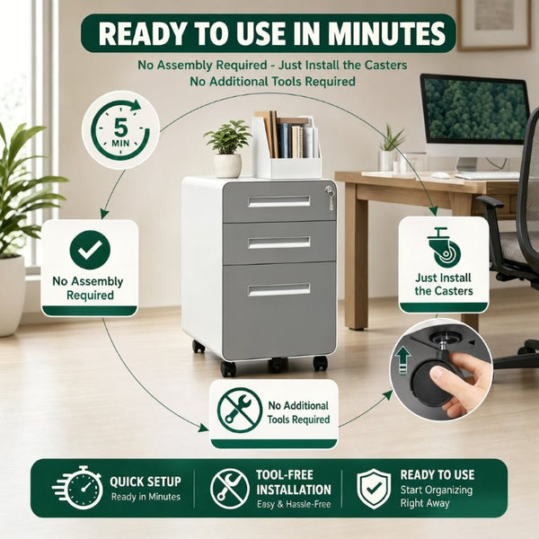 English Elm 3 Drawer Rolling Steel File Cabinet Locking Mobile Office Storage on Silent Casters White+Gray T2398P544583