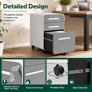 English Elm 3 Drawer Rolling Steel File Cabinet Locking Mobile Office Storage on Silent Casters White+Gray T2398P544583