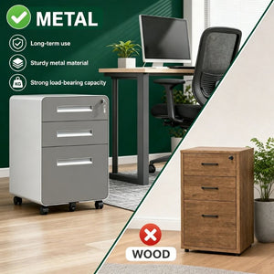 English Elm 3 Drawer Rolling Steel File Cabinet Locking Mobile Office Storage on Silent Casters White+Gray T2398P544583