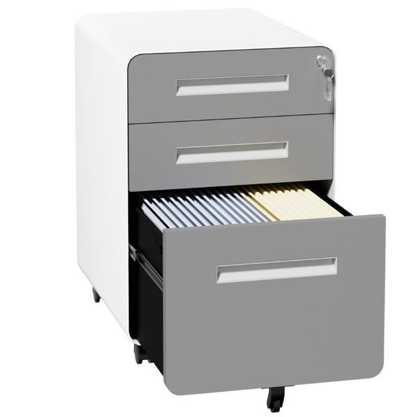 English Elm 3 Drawer Rolling Steel File Cabinet Locking Mobile Office Storage on Silent Casters White+Gray T2398P544583