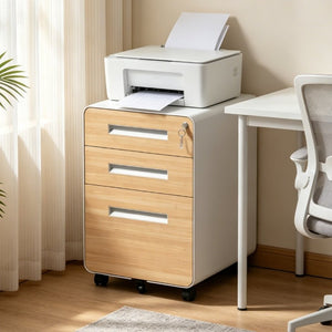 English Elm 3 Drawer Rolling Steel File Cabinet Locking Mobile Office Storage on Silent Casters White+Oak T2398P544584