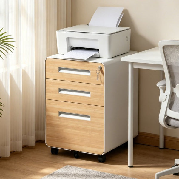 English Elm 3 Drawer Rolling Steel File Cabinet Locking Mobile Office Storage on Silent Casters White+Oak T2398P544584
