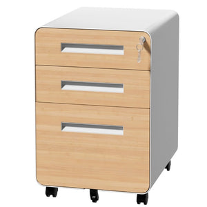 English Elm 3 Drawer Rolling Steel File Cabinet Locking Mobile Office Storage on Silent Casters White+Oak T2398P544584