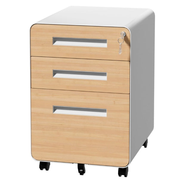 English Elm 3 Drawer Rolling Steel File Cabinet Locking Mobile Office Storage on Silent Casters White+Oak T2398P544584