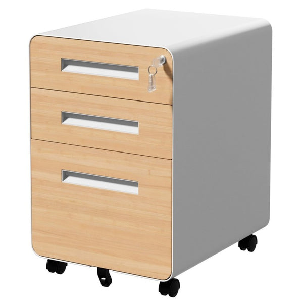 English Elm 3 Drawer Rolling Steel File Cabinet Locking Mobile Office Storage on Silent Casters White+Oak T2398P544584
