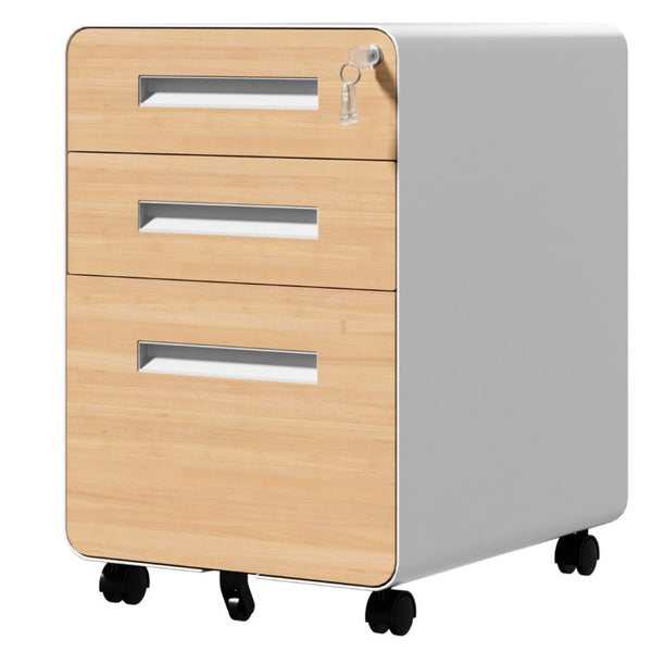 English Elm 3 Drawer Rolling Steel File Cabinet Locking Mobile Office Storage on Silent Casters White+Oak T2398P544584