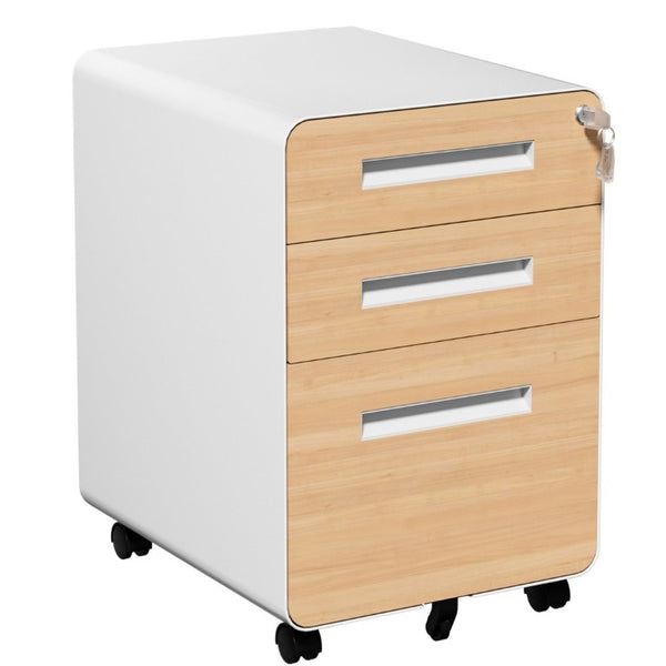 English Elm 3 Drawer Rolling Steel File Cabinet Locking Mobile Office Storage on Silent Casters White+Oak T2398P544584