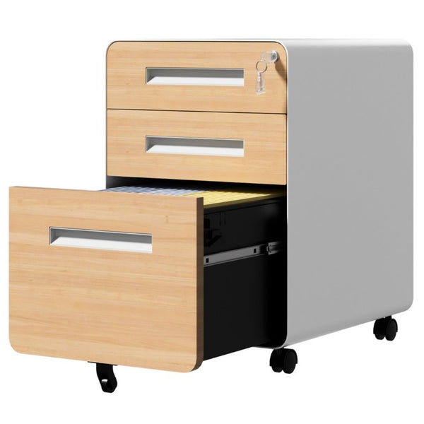 English Elm 3 Drawer Rolling Steel File Cabinet Locking Mobile Office Storage on Silent Casters White+Oak T2398P544584