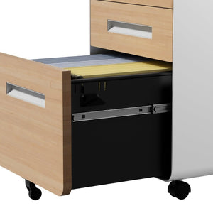 English Elm 3 Drawer Rolling Steel File Cabinet Locking Mobile Office Storage on Silent Casters White+Oak T2398P544584