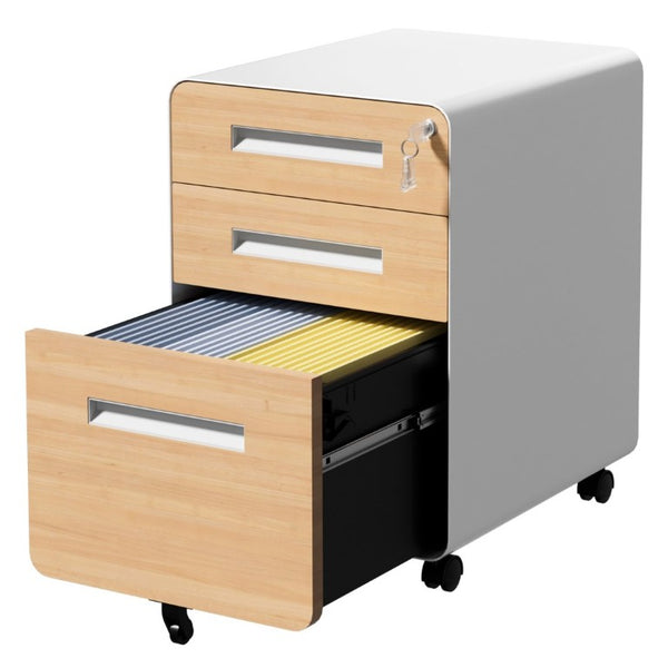 English Elm 3 Drawer Rolling Steel File Cabinet Locking Mobile Office Storage on Silent Casters White+Oak T2398P544584