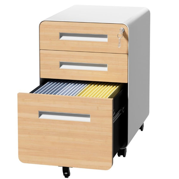 English Elm 3 Drawer Rolling Steel File Cabinet Locking Mobile Office Storage on Silent Casters White+Oak T2398P544584