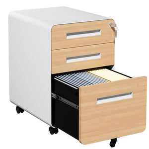 English Elm 3 Drawer Rolling Steel File Cabinet Locking Mobile Office Storage on Silent Casters White+Oak T2398P544584
