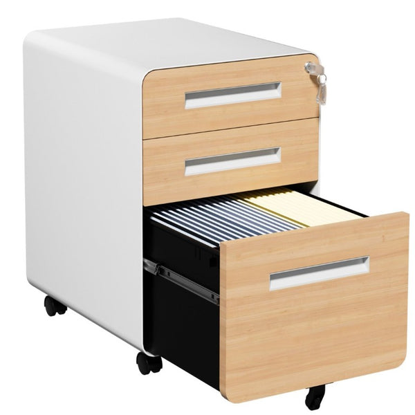English Elm 3 Drawer Rolling Steel File Cabinet Locking Mobile Office Storage on Silent Casters White+Oak T2398P544584