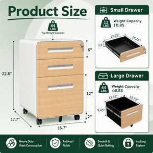 English Elm 3 Drawer Rolling Steel File Cabinet Locking Mobile Office Storage on Silent Casters White+Oak T2398P544584