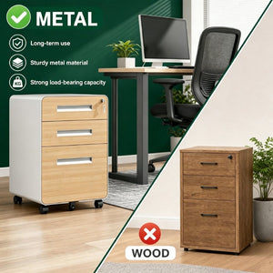 English Elm 3 Drawer Rolling Steel File Cabinet Locking Mobile Office Storage on Silent Casters White+Oak T2398P544584