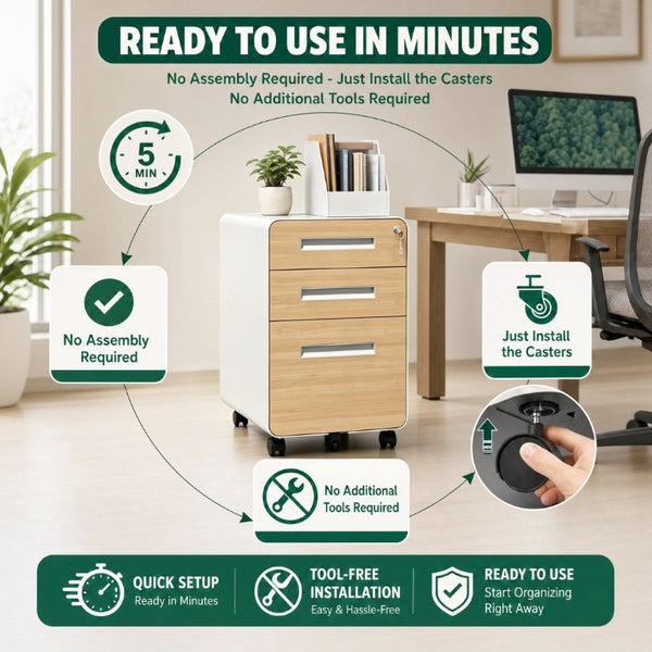 English Elm 3 Drawer Rolling Steel File Cabinet Locking Mobile Office Storage on Silent Casters White+Oak T2398P544584