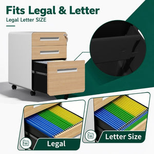 English Elm 3 Drawer Rolling Steel File Cabinet Locking Mobile Office Storage on Silent Casters White+Oak T2398P544584