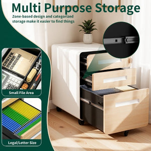 English Elm 3 Drawer Rolling Steel File Cabinet Locking Mobile Office Storage on Silent Casters White+Oak T2398P544584