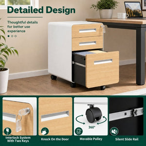 English Elm 3 Drawer Rolling Steel File Cabinet Locking Mobile Office Storage on Silent Casters White+Oak T2398P544584