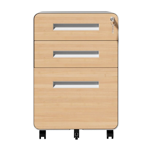 English Elm 3 Drawer Rolling Steel File Cabinet Locking Mobile Office Storage on Silent Casters White+Oak T2398P544584