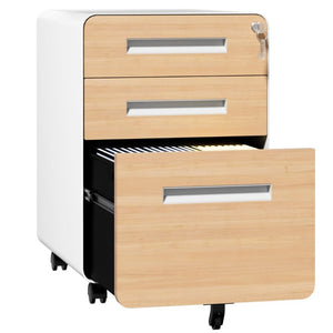 English Elm 3 Drawer Rolling Steel File Cabinet Locking Mobile Office Storage on Silent Casters White+Oak T2398P544584