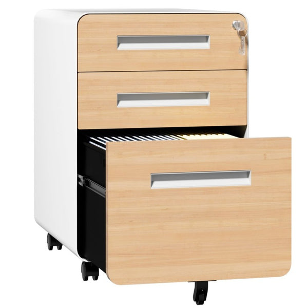 English Elm 3 Drawer Rolling Steel File Cabinet Locking Mobile Office Storage on Silent Casters White+Oak T2398P544584