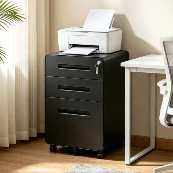 English Elm 3 Drawer Rolling Steel File Cabinet Locking Mobile Office Storage on Silent Casters Black T2398P544585