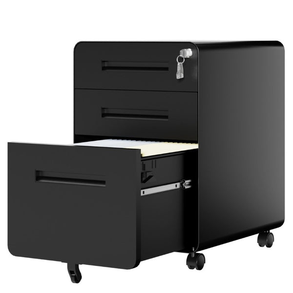 English Elm 3 Drawer Rolling Steel File Cabinet Locking Mobile Office Storage on Silent Casters Black T2398P544585