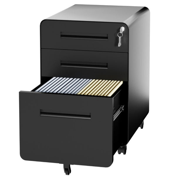 English Elm 3 Drawer Rolling Steel File Cabinet Locking Mobile Office Storage on Silent Casters Black T2398P544585