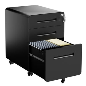 English Elm 3 Drawer Rolling Steel File Cabinet Locking Mobile Office Storage on Silent Casters Black T2398P544585