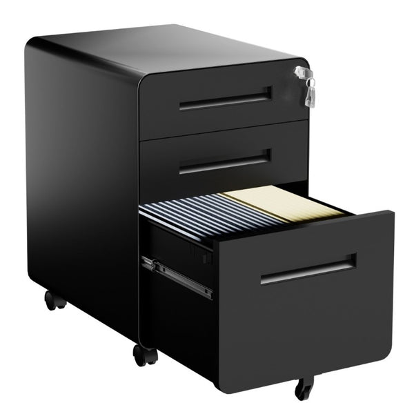 English Elm 3 Drawer Rolling Steel File Cabinet Locking Mobile Office Storage on Silent Casters Black T2398P544585