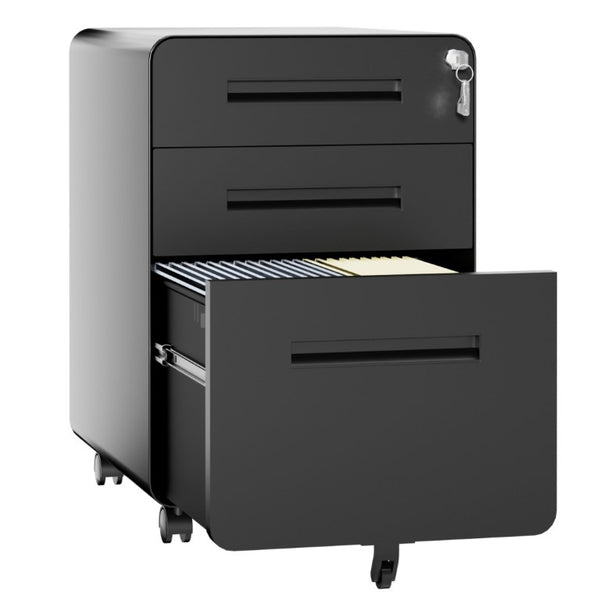 English Elm 3 Drawer Rolling Steel File Cabinet Locking Mobile Office Storage on Silent Casters Black T2398P544585