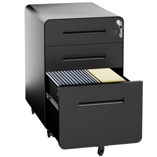 English Elm 3 Drawer Rolling Steel File Cabinet Locking Mobile Office Storage on Silent Casters Black T2398P544585