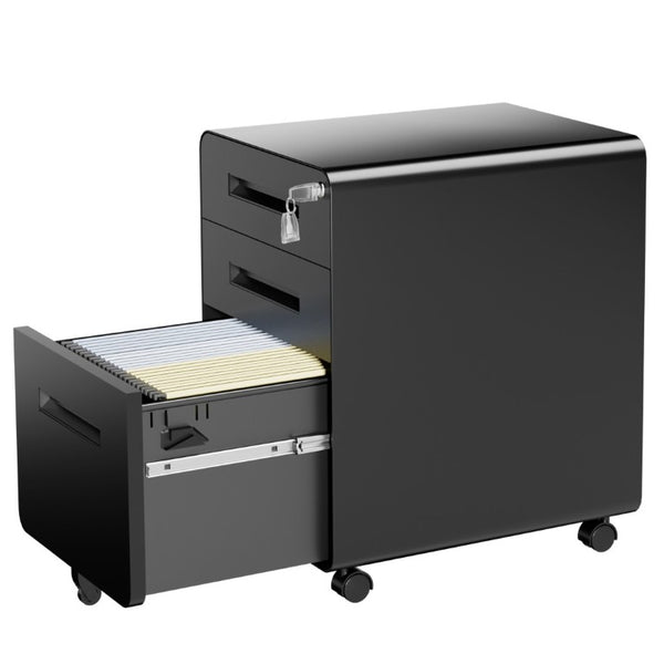 English Elm 3 Drawer Rolling Steel File Cabinet Locking Mobile Office Storage on Silent Casters Black T2398P544585