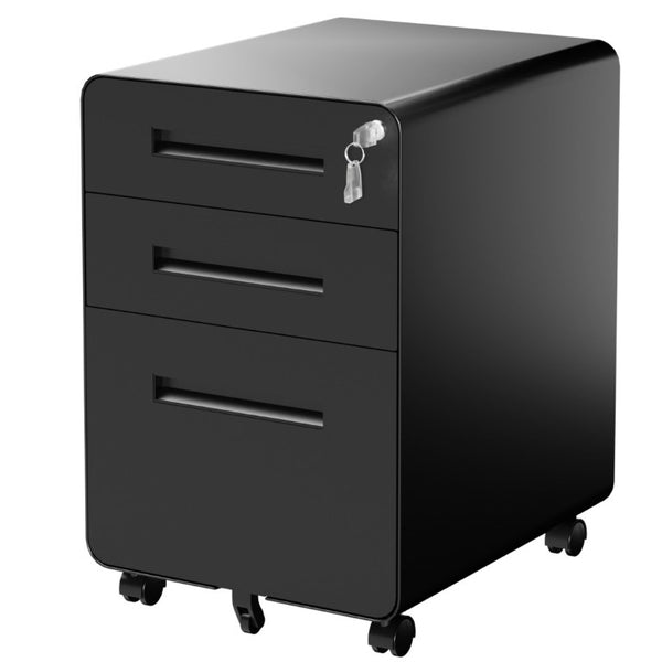 English Elm 3 Drawer Rolling Steel File Cabinet Locking Mobile Office Storage on Silent Casters Black T2398P544585