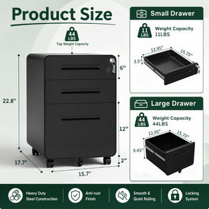 English Elm 3 Drawer Rolling Steel File Cabinet Locking Mobile Office Storage on Silent Casters Black T2398P544585