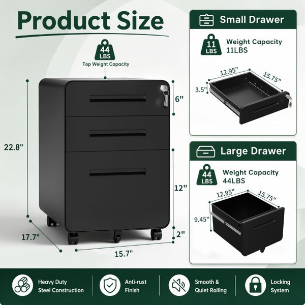 English Elm 3 Drawer Rolling Steel File Cabinet Locking Mobile Office Storage on Silent Casters Black T2398P544585