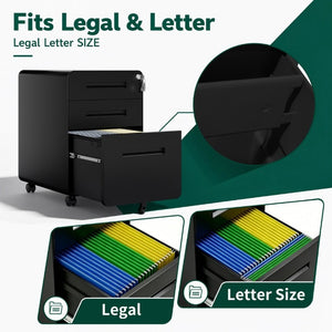 English Elm 3 Drawer Rolling Steel File Cabinet Locking Mobile Office Storage on Silent Casters Black T2398P544585