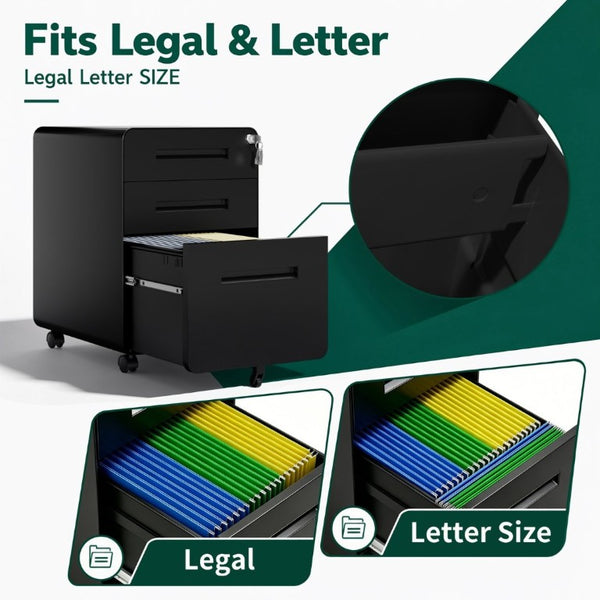 English Elm 3 Drawer Rolling Steel File Cabinet Locking Mobile Office Storage on Silent Casters Black T2398P544585