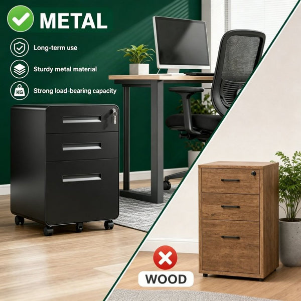 English Elm 3 Drawer Rolling Steel File Cabinet Locking Mobile Office Storage on Silent Casters Black T2398P544585