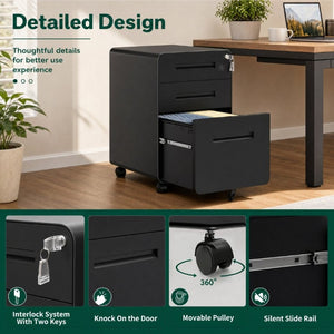 English Elm 3 Drawer Rolling Steel File Cabinet Locking Mobile Office Storage on Silent Casters Black T2398P544585