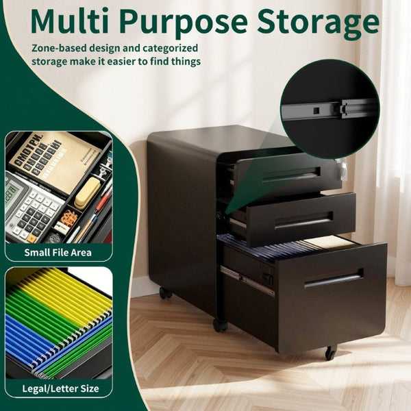 English Elm 3 Drawer Rolling Steel File Cabinet Locking Mobile Office Storage on Silent Casters Black T2398P544585