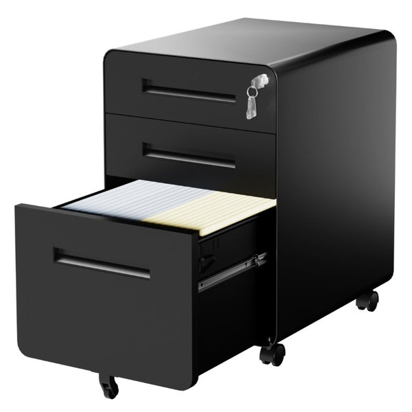 English Elm 3 Drawer Rolling Steel File Cabinet Locking Mobile Office Storage on Silent Casters Black T2398P544585