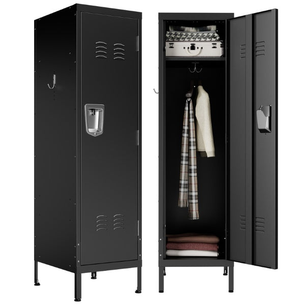 English Elm 55 Inch Steel Vertical Wardrobe Locker with Ventilated Door Lock and Side Hooks for Bedroom Black T2398P544592