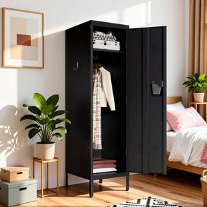 English Elm 55 Inch Steel Vertical Wardrobe Locker with Ventilated Door Lock and Side Hooks for Bedroom Black T2398P544592