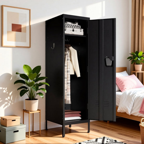 English Elm 55 Inch Steel Vertical Wardrobe Locker with Ventilated Door Lock and Side Hooks for Bedroom Black T2398P544592