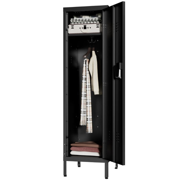 English Elm 55 Inch Steel Vertical Wardrobe Locker with Ventilated Door Lock and Side Hooks for Bedroom Black T2398P544592