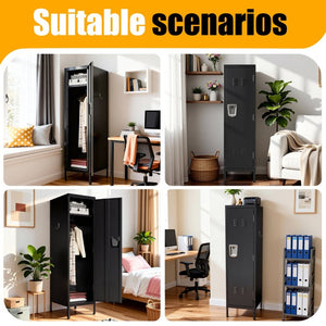 English Elm 55 Inch Steel Vertical Wardrobe Locker with Ventilated Door Lock and Side Hooks for Bedroom Black T2398P544592