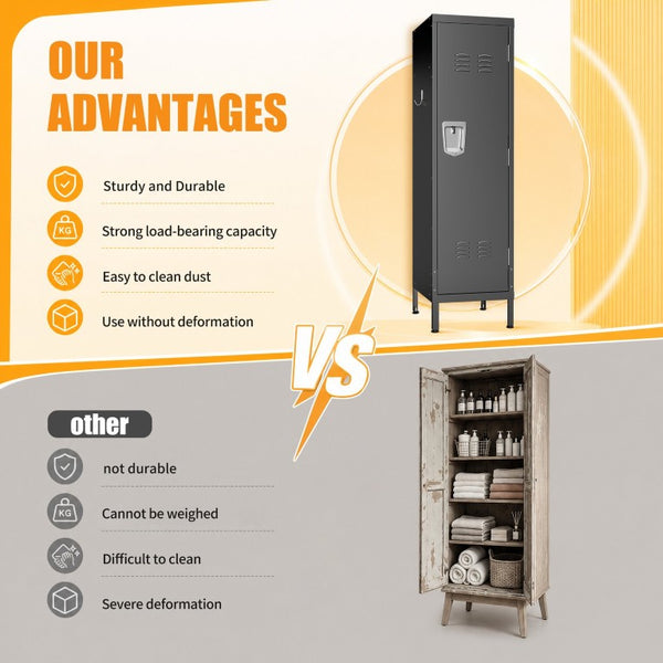 English Elm 55 Inch Steel Vertical Wardrobe Locker with Ventilated Door Lock and Side Hooks for Bedroom Black T2398P544592